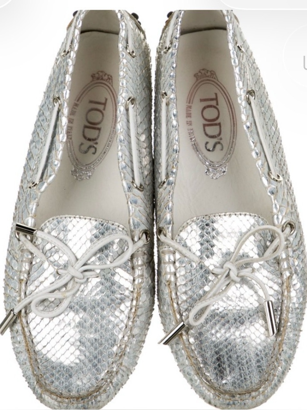TOD'S Silver Metallic Leather Driving Moccasins 6.5 women’s